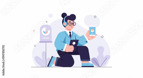 Person in suit and headphones holds tablet and phone, kneeling by lamp