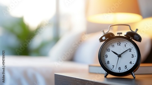 Retro alarm clock on table near bed and lamp