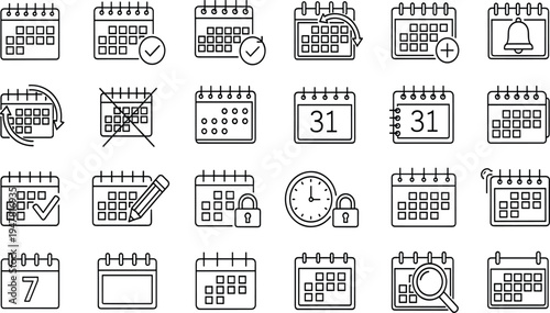 Calendar and Scheduling Line Icon Set Featuring Appointment Reminders, Date Management, Event Planning, Deadline Alarms, Time Tracking, Agenda Organizers, and Business Symbols