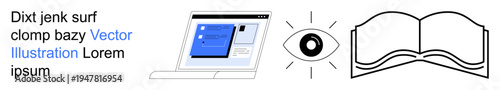 Education, online learning, knowledge sharing, digital platforms, reading, visual . A laptop screen, an eye symbol and an open book emphasizing education and technology. Education and online