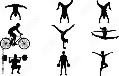 Sports and fitness silhouettes set with gymnastics, cycling, weightlifting and dance poses, active lifestyle athletes collection isolated background