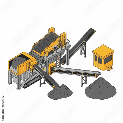 Isometric illustration of a stone crushing plant with conveyor belts and a control booth.