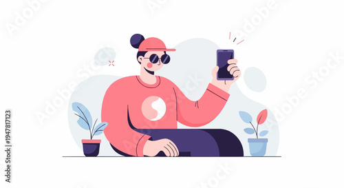 Person with sunglasses and cap taking a selfie with a smartphone, plants nearby