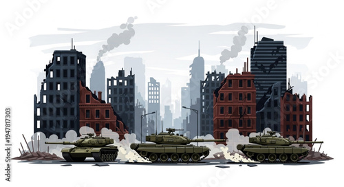 Tanks in front of city.