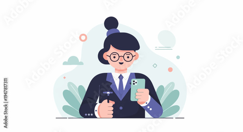 Professional person in suit holding phone and tool, with plants and clouds