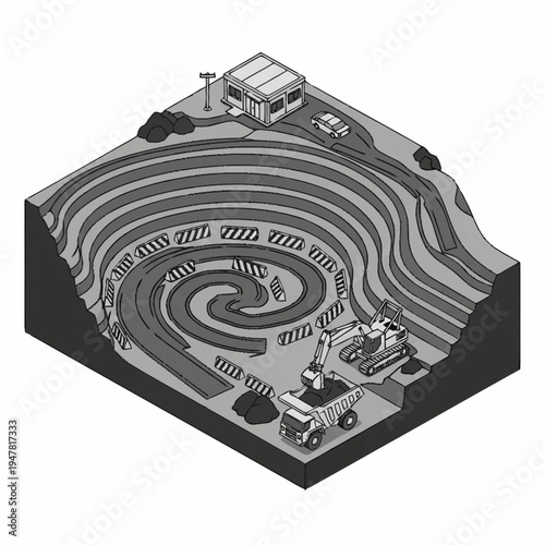 Isometric illustration of an open-pit mine with heavy machinery and a control building, showcasing the spiral layers of the excavation site.