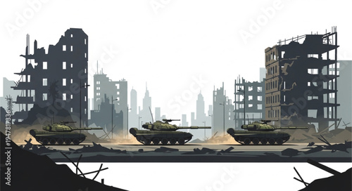 Tanks in War Cityscape Ruins.