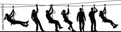 Zip line adventure silhouettes set, people sliding on cable with safety harness, outdoor extreme activity concept isolated on background