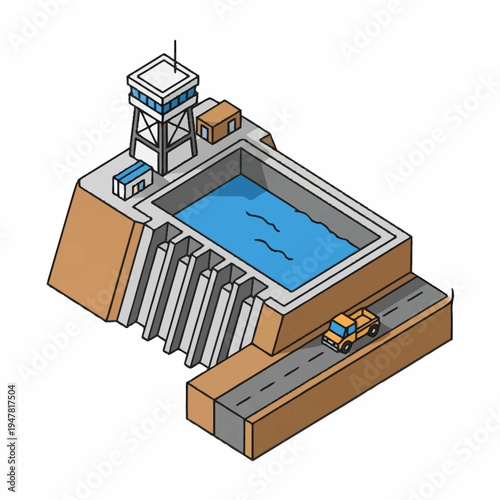 Isometric illustration of a hydroelectric dam with a reservoir, control tower, and a car driving on a road alongside the dam.
