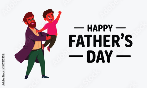 Happy Father's Day Greeting Card with Father Holding Cheerful Son in the Air for Family Holiday Celebration and Branding