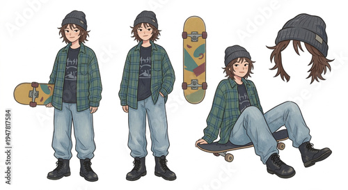 Vintage 90s skater girl in grunge outfit flat vector illustration