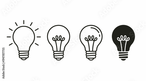 Vector set of lightbulb icons representing idea generation, innovation, and problem-solving. Symbolizes inspiration, enlightenment, and brilliant new thoughts in a clean graphic style
