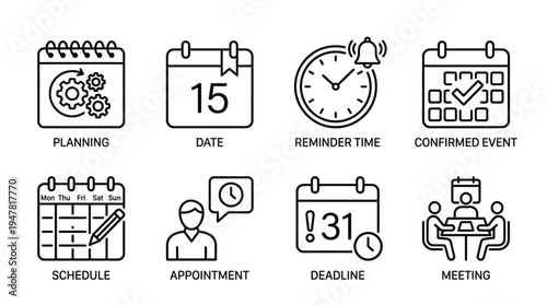 Streamlined Outline Icons for Effective Business Planning, Scheduling, and Event Management, Representing Important Dates, Reminders, and Meetings