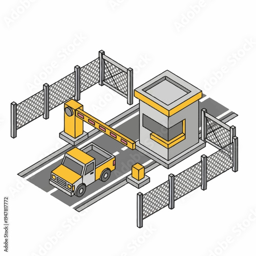 Isometric illustration of a toll booth with a yellow pickup truck passing through, surrounded by fences.