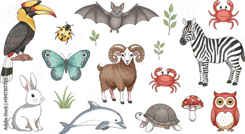 Cute Wildlife Animals and Insects Cartoon Illustration Set