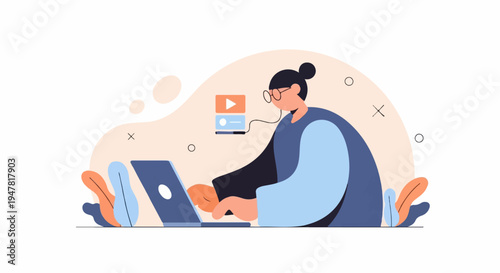 Person wearing glasses using a laptop with media icons floating above