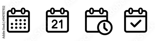 Modern vector outline calendar icon set illustrating various date-related functions including general scheduling, specific day marking, timed events, and task achievement for web and app design