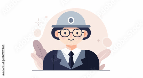 Professional person wearing a hard hat, glasses, and suit, abstract background