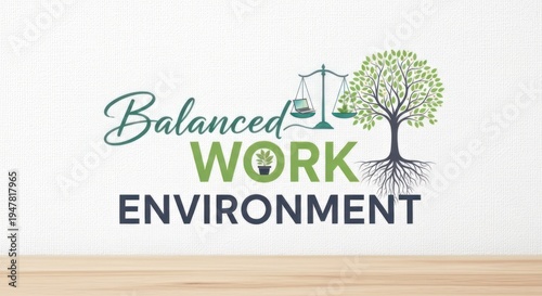 A graphic design featuring a balanced work environment with a tree and scales of justice, emphasizing harmony and fairness in the workplace.