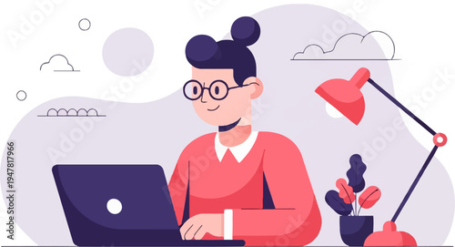 Person wearing glasses with hair in buns at a desk with a laptop and lamp