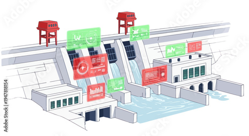 Hydroelectric Dam with Futuristic Digital Interface and Renewable Energy Icons
