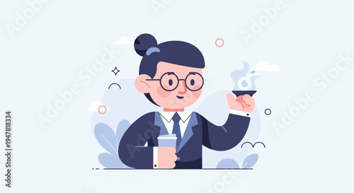 Professional with coffee and steaming beverage, abstract background