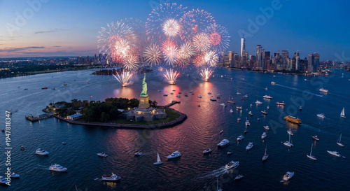Aerial View Fireworks Over Statue of Liberty and NYC Harbor