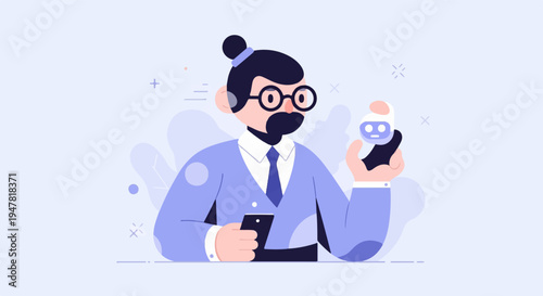Person in suit holding phone and robot, flat illustration