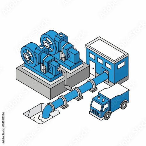 Isometric illustration of an industrial water treatment plant with machinery and a truck.