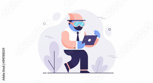 Person with VR headset and laptop walks in abstract environment