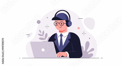 Professional with headphones and laptop in a modern, abstract setting