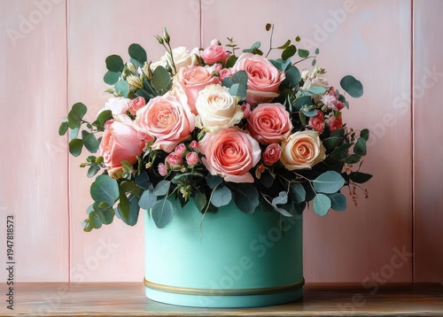 lush bouquet of pink and cream roses with eucalyptus in a teal round hatbox on a wooden table against a soft pink paneled background, romantic and elegant