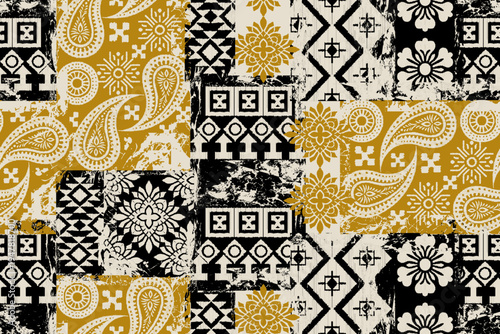 Retro Bohemian Patchwork Pattern with Mustard Paisley and Tribal Geometrics.Vintage 70s Ethic Style Seamless Print.Seamless Tribal Patchwork Background with Mandala and Folk Art Elements.