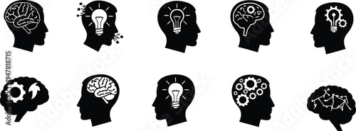 Silhouette of ten heads with various designs isolated on transparent background