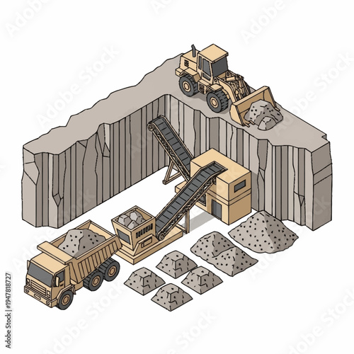 Isometric illustration of a quarry with machinery, conveyor belts, and piles of aggregate, showing the process of extracting and processing raw materials.