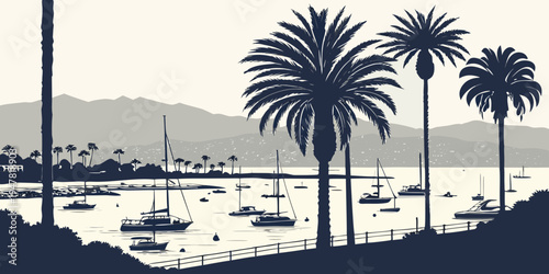 USA, US, U.S, United States - Monterey coastal skyline harbor silhouettes monochrome poster