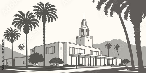 USA, US, U.S, United States - Palm Springs skyline with palm trees monochrome architecture poster 