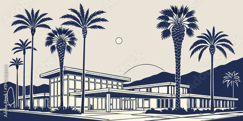 USA, US, U.S, United States - Palm Springs skyline with palm trees monochrome architecture poster 