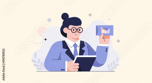 Professional woman in blue suit holds digital tablet with financial chart