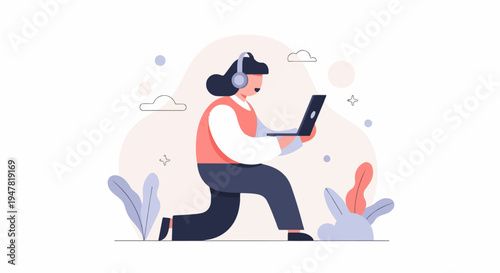 Person with headphones using laptop, with plants and clouds in background