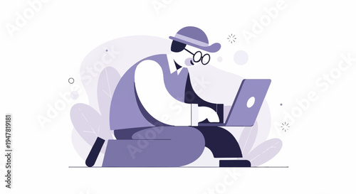 Person wearing hat and glasses using a laptop amidst decorative plants