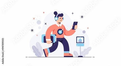 Person with headphones walking with phone and tablet, near a laptop