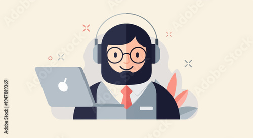 Person with headphones and laptop in a minimalist cartoon style