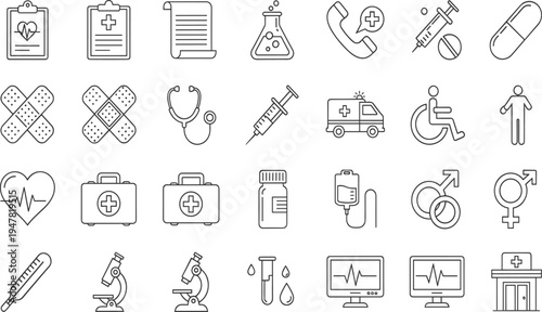 Medical Line Icon Set for Healthcare Services, Hospital Equipment, Medical Research, Patient Care, First Aid, Clinical Laboratory, and Digital Health.