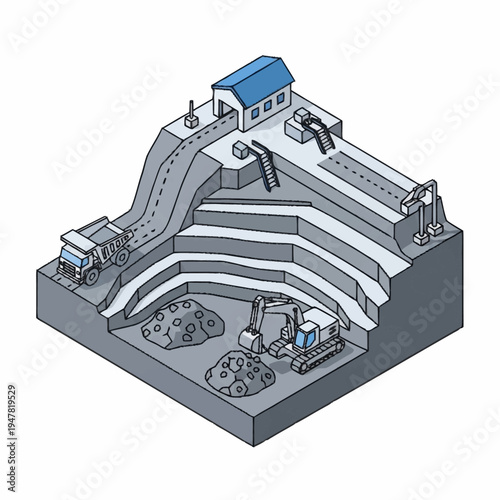 Isometric illustration of an open-pit mine with heavy machinery, conveyor belts, and a processing building on multiple levels.