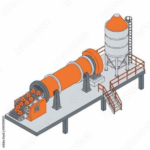 Isometric illustration of a rotary kiln system with a conveyor belt and storage silo on a platform.