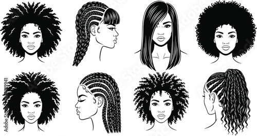Black woman hair style collection featuring afro, braids, cornrows, and straight hair silhouettes, diverse female portraits for beauty salon and fashion design