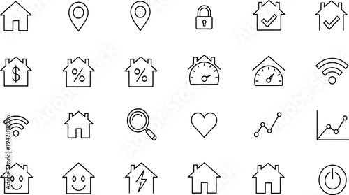 Real Estate Line Icon Set for Smart Home Automation, Mortgage Rates, Property Search, House Security, Residential Energy, Financial Market Analysis, and.