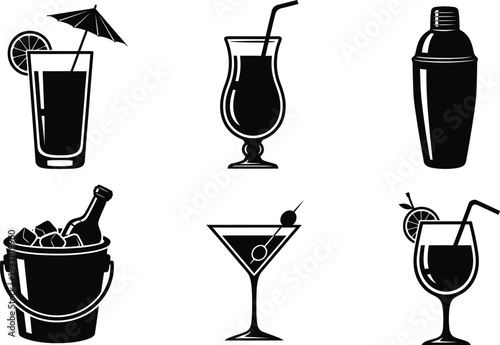 Silhouette of six cocktail glasses and a shaker isolated on transparent background
