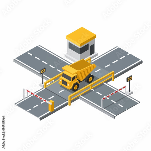 Isometric illustration of a yellow dump truck at a road crossing with barriers and a small building.